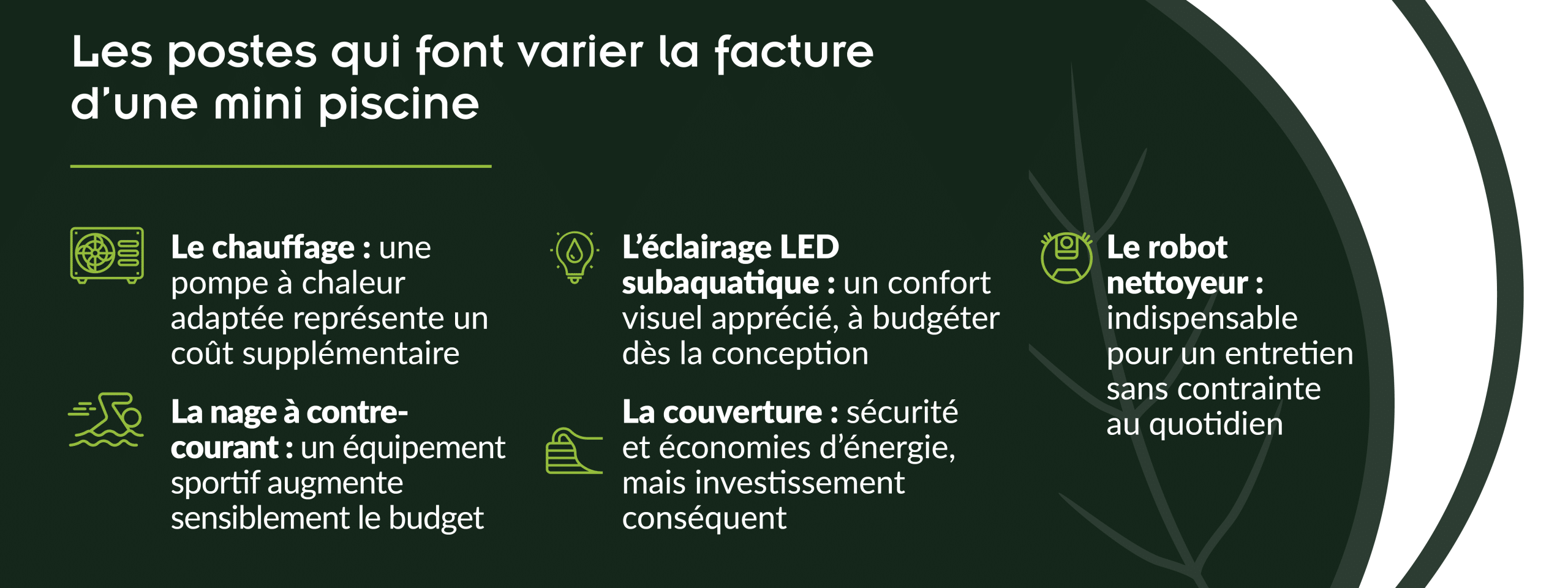 options mini bassin chauffage nage contre-courant éclairage couverture robot nettoyeur